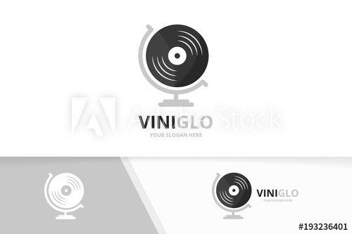 Unique Globe Logo - Vector vinyl and globe logo combination. Record planet symbol or ...