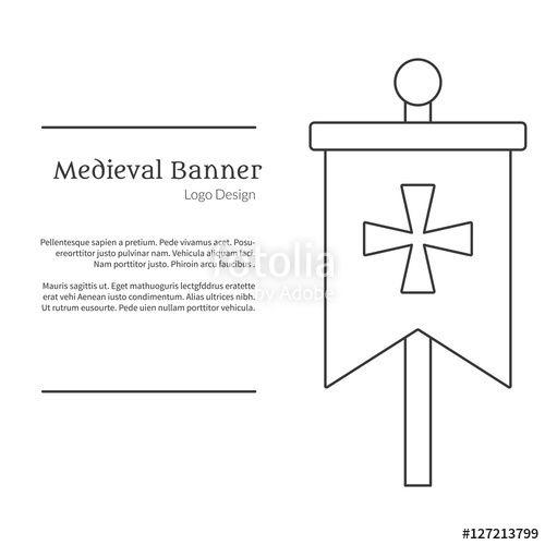 Simple Black and White Banner Logo - Medieval banner, knight flag. Single logo in modern thin line style ...