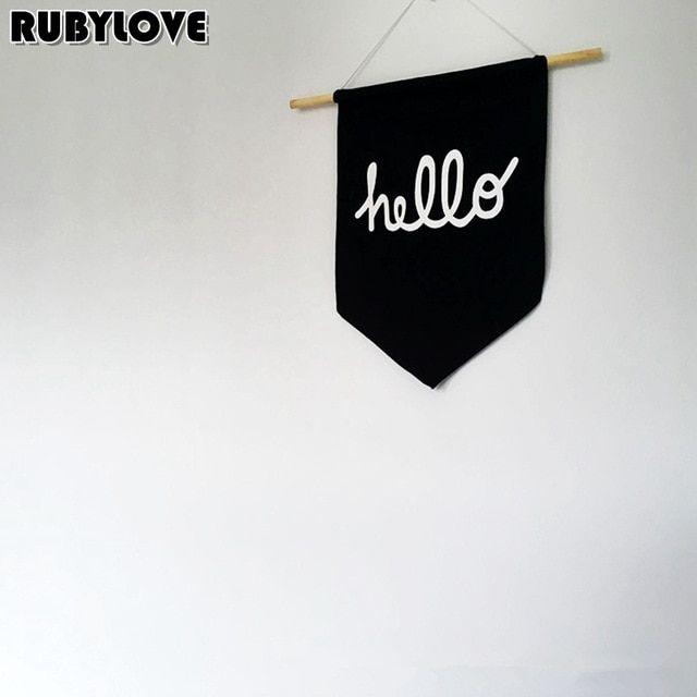 Simple Black and White Banner Logo - Simple Black Hello Squares Bedroom Wall Flags Banner Pennant Cloth ...