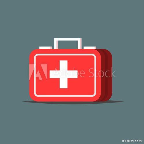 Red Box with White Cross Logo - Red first aid kit isolated on gray background. Medical box