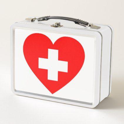 Red Box with White Cross Logo - First Aid Red Heart White Cross Metal Lunch Box. Metal lunch box