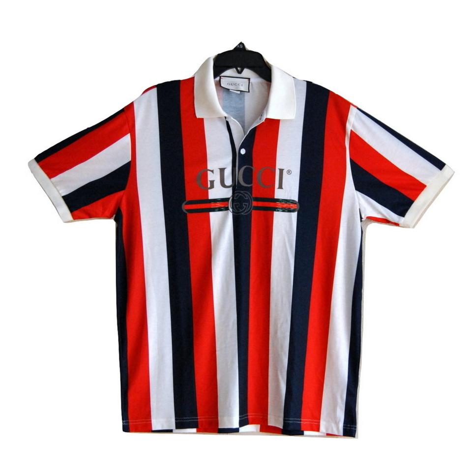 Red and Blue Striped Logo - Gucci Red Blue Men's Striped Polo Shirt with Vintage Logo Button
