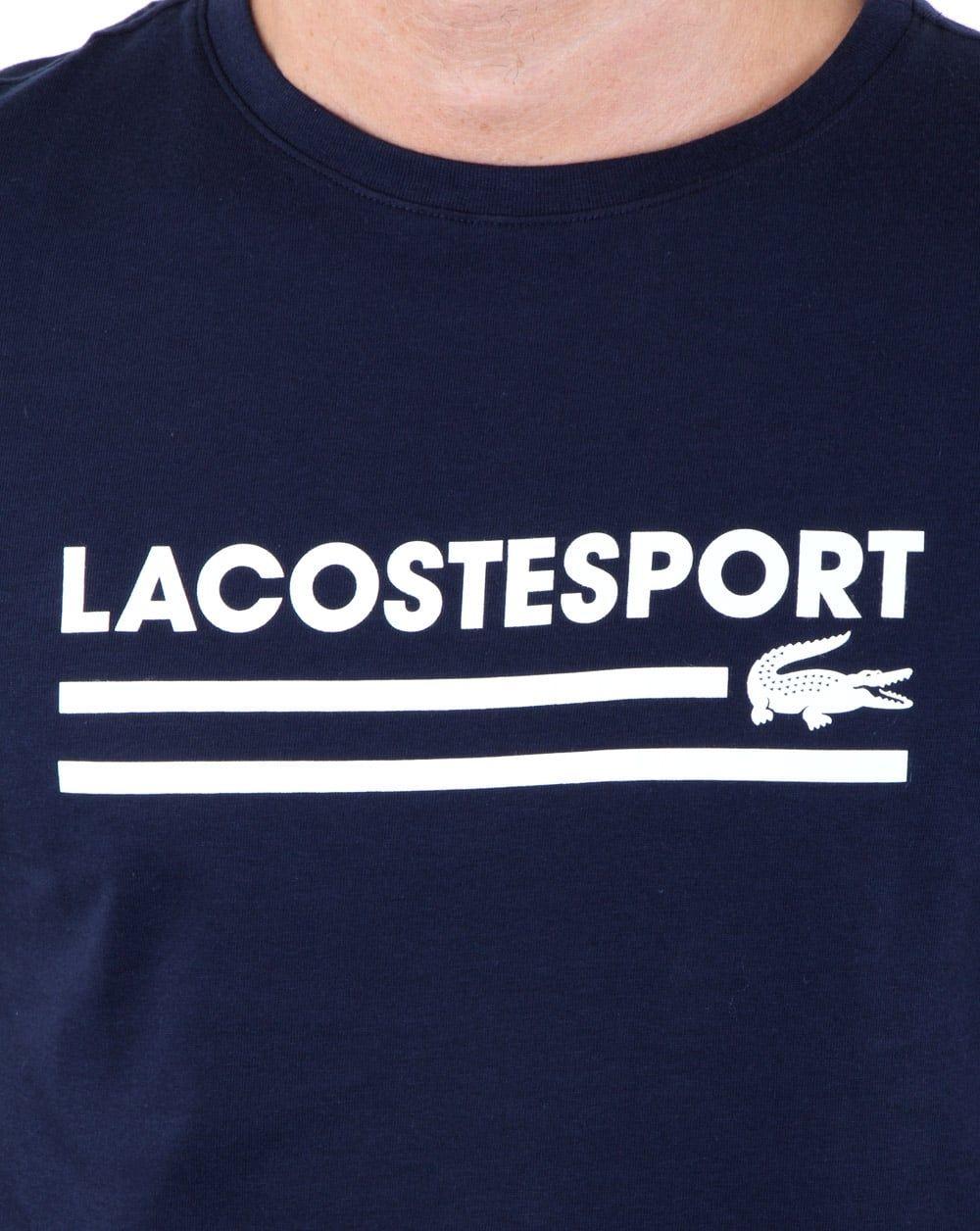 White and Blue Sports Logo - Lacoste Sport Logo T Shirt Navy White, Mens, Crew Neck, Croc