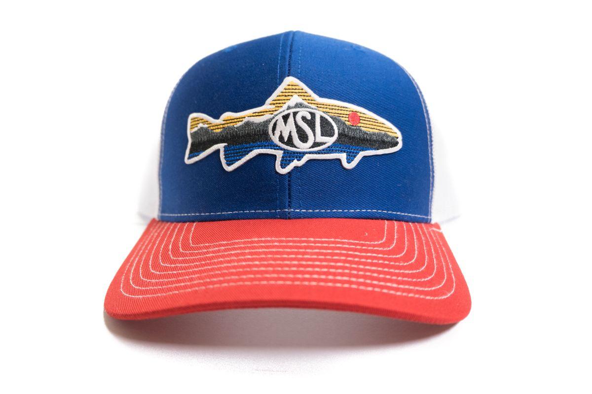 Red White Blue Fish Logo - MSL Trout Trucker, White, and Blue