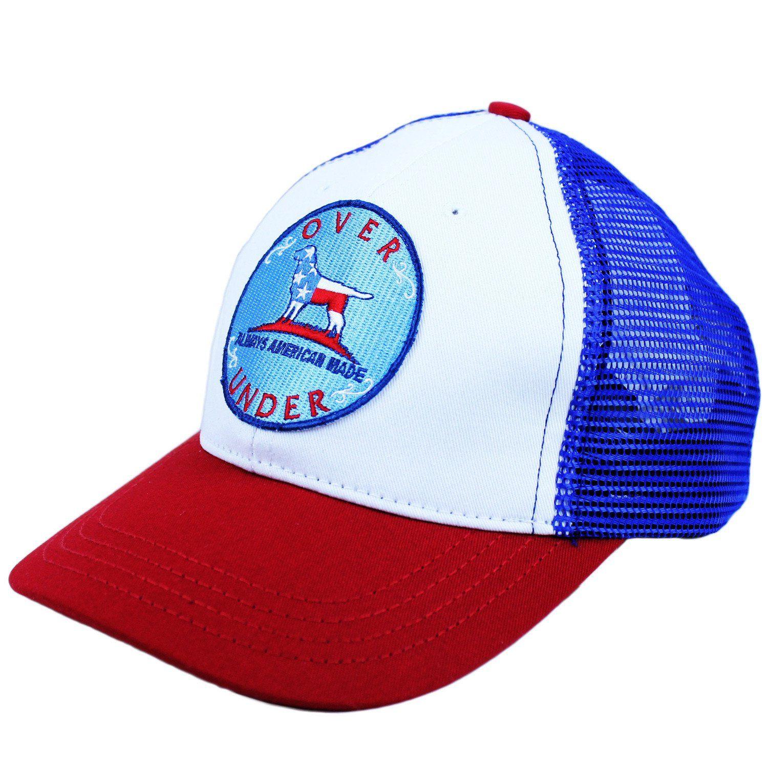 Red White Blue Fish Logo - Over Under Clothing Mesh Back Patriotic Dog Hat in Red, White