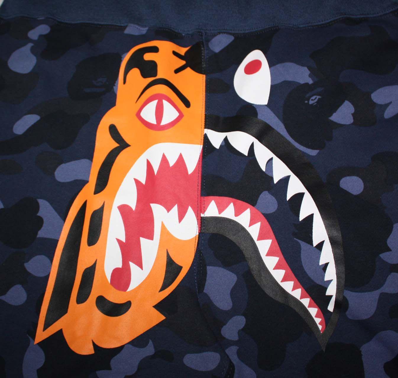 Orange BAPE Logo - Bape Half Shark Tiger Blue Camo Shorts | Dopestudent