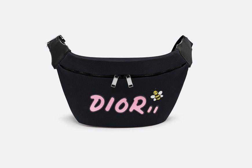 Kaws X Logo - DIOR x KAWS Black Nylon Pouch with Pink Dior logo - Leather goods ...