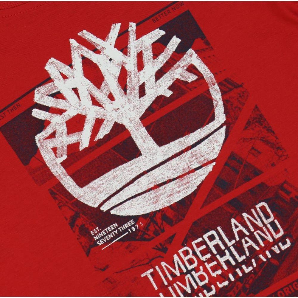 Red Black and White Logo - Timberland Boys Red T Shirt With Black And White Logo Print