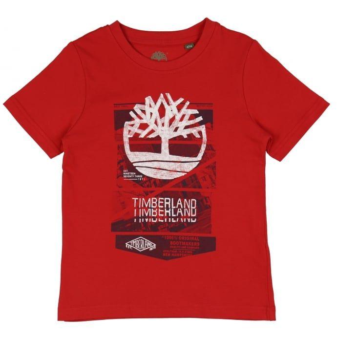 Red Black and White Logo - Timberland Boys Red T Shirt With Black And White Logo Print