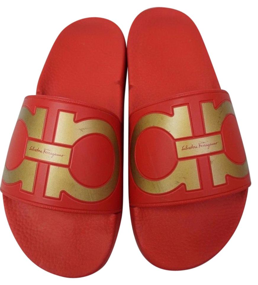 Gold and Red M Logo - Salvatore Ferragamo Red Groove Logo Spa Slide Gold Women's Sandals ...