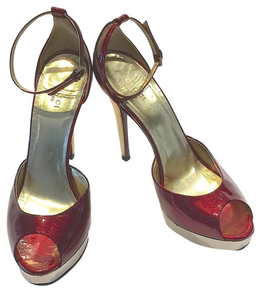 Red and Gold B Logo - Gucci Ruby Red and Gold D'orsay Sandal Pumps Size US 8.5 Regular M