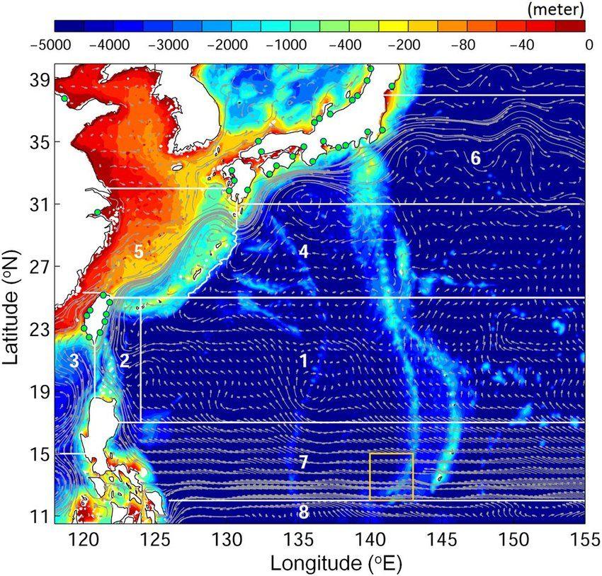 M with White Lines Logo - The model sub-regions (labeled 1-8, separated by white lines) shown ...