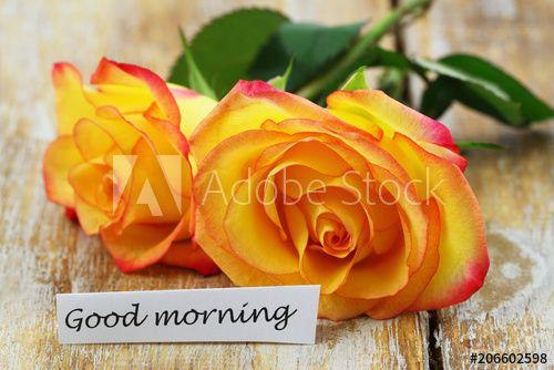 Two Red and Yellow Logo - Good morning card with two red and yellow roses on rustic surface