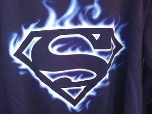 Blue Superman Logo - M Blue L S T Shirt SUPERMAN Lightning Strike FLAMES Logo MOVIE Tv