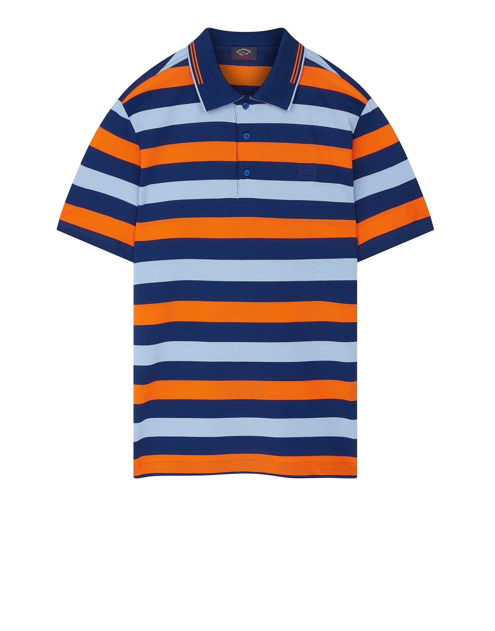 Orange Navy Stripe Logo - Stripe Polo Shirt with Logo Embroidered Undercollar in Orange/Navy ...