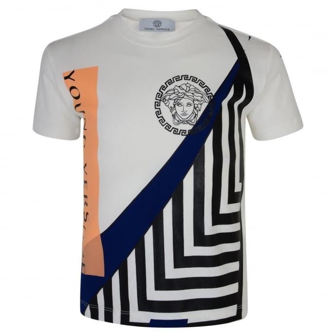 Blue and White with Orange Logo - YoungVersace Boys White T-Shirt with Navy Logo and Orange Stripes ...