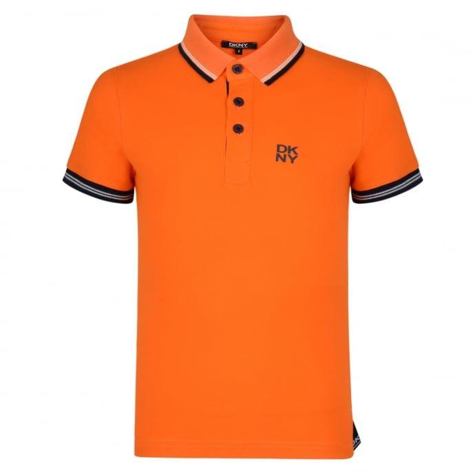 Orange Navy Stripe Logo - DKNY Boys Orange Polo Shirt with White and Navy Stripe Trim and Logo
