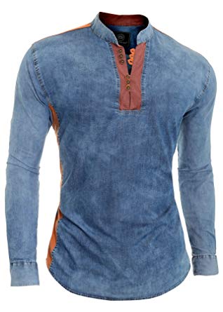 Orange and Blue V Logo - Men's Blue Denim Jean Shirt V-Neck Grandad Collar Orange Elbow ...