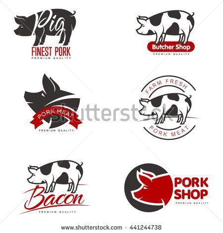 Red and White Food Logo - set of logos with a pig, simple illustration isolated on white