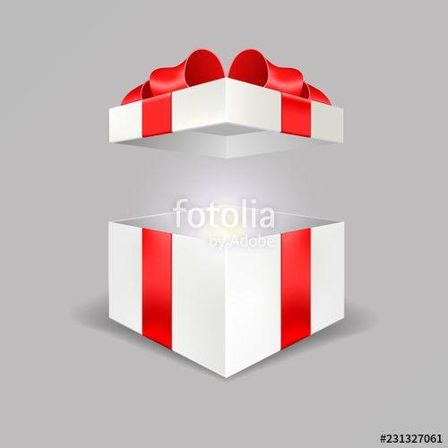 Blank Box Logo - Opened white gift box empty angle front view 3D with red bow and ...