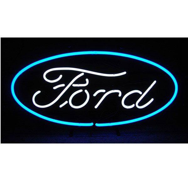 White with Blue Oval Logo - Ford Blue Oval Logo Neon Garage Sign at Retro Planet