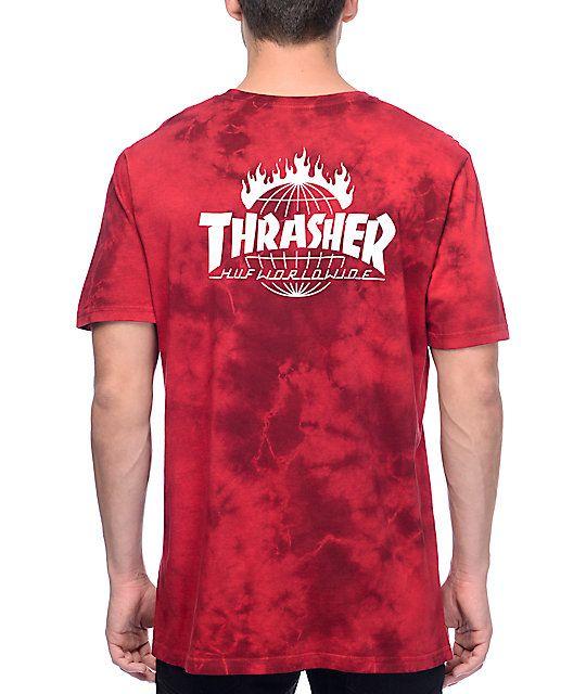 Black and White Tye Die Thrasher Logo - HUF X Thrasher TDS Crystal Red Tie Dye T Shirt