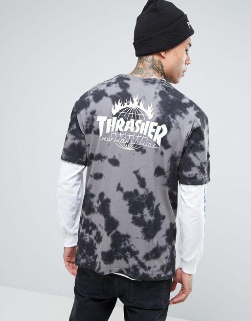 Black and White Tye Die Thrasher Logo - Huf x thrasher tie-dye t-shirt with back print black men,huf ...