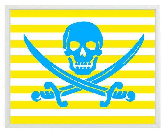 Blue and Yellow Pirate Logo - Pirate Skull Art Print Nautical Nursery Boy Room Blue Yellow | Etsy