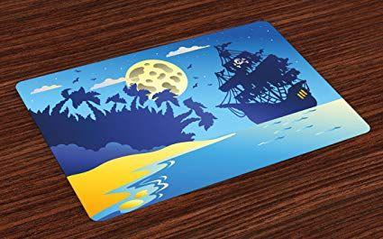 Blue and Yellow Pirate Logo - Lunarable Pirate Place Mats Set of Night Seascape