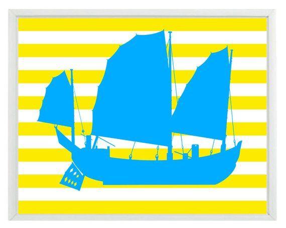 Blue and Yellow Pirate Logo - Pirate Ship Art Print Nautical Nursery Boy Room Blue Yellow | Etsy