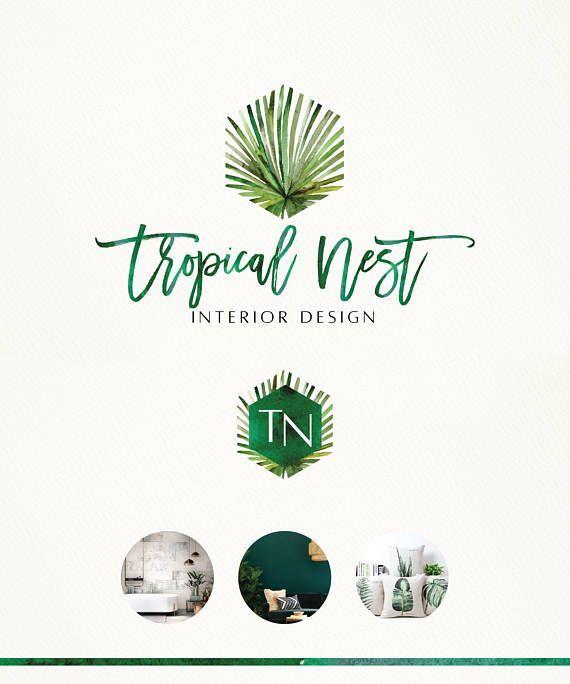 Palm Leaf Logo - Tropical Leaf Watercolor Logo Kit, Interior Design Logo, Watercolor ...