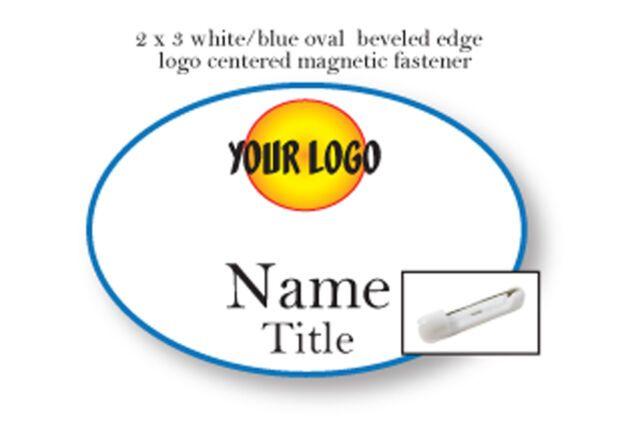 Oval White and Blue Lines Logo - 1 Oval White / Blue Name Badge Full Color Logo 2 Lines of Print Pin ...