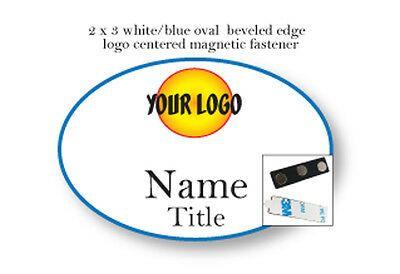 Oval White and Blue Lines Logo - 1 OVAL WHITE / Blue Name Badge Full Color Logo 2 Lines Of Print Pin ...