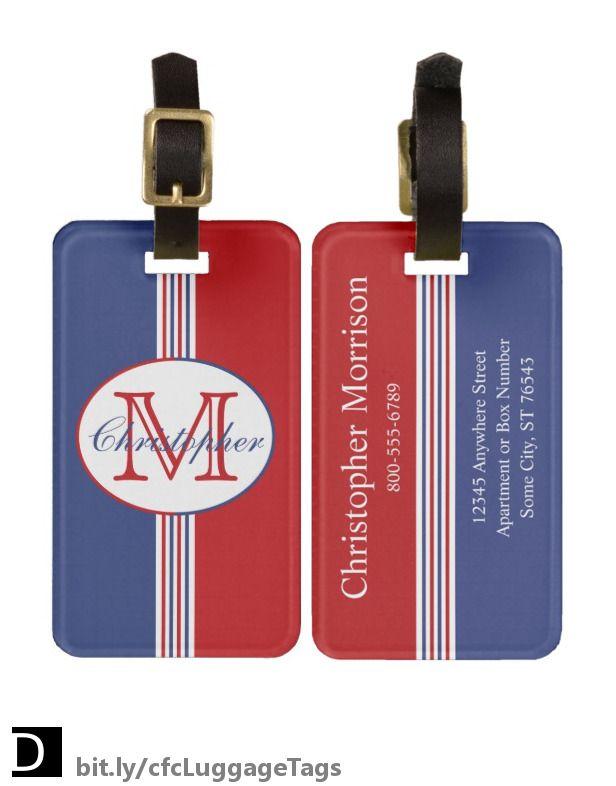 Oval White and Blue Lines Logo - Red White and Blue Monogram Centered Text Bag Tag. Travel