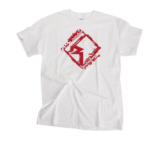 Diamond R Logo - A bright white t-shirt featuring a large “Diamond-R” logo and ...