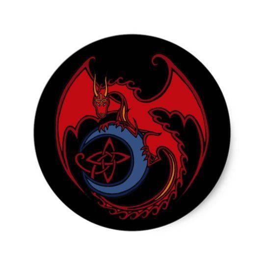 Red Black and Blue Round Logo - Red Black Celtic Dragon And Blue Moon Drawing Classic Round Sticker ...