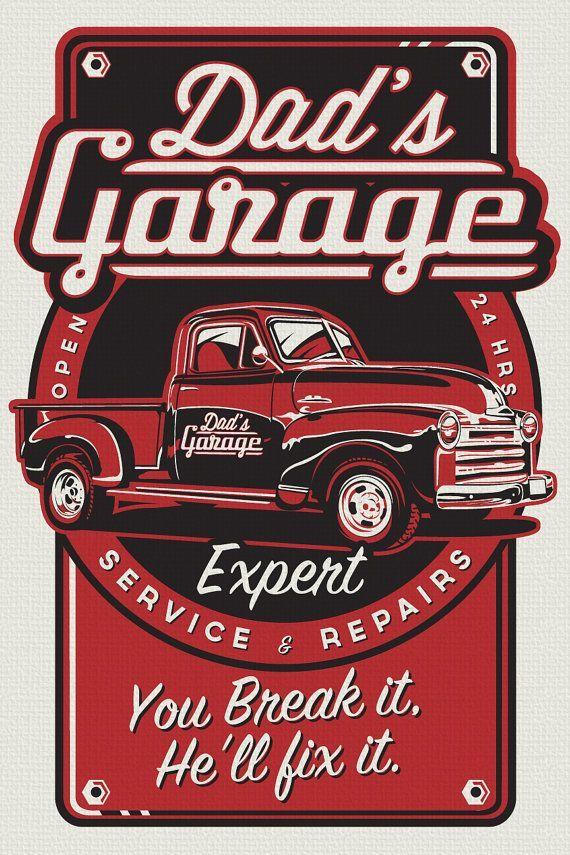 Vintage Garage Car Shop Logo - dad's garage pickup truck workshop vintage retro silk screen print ...