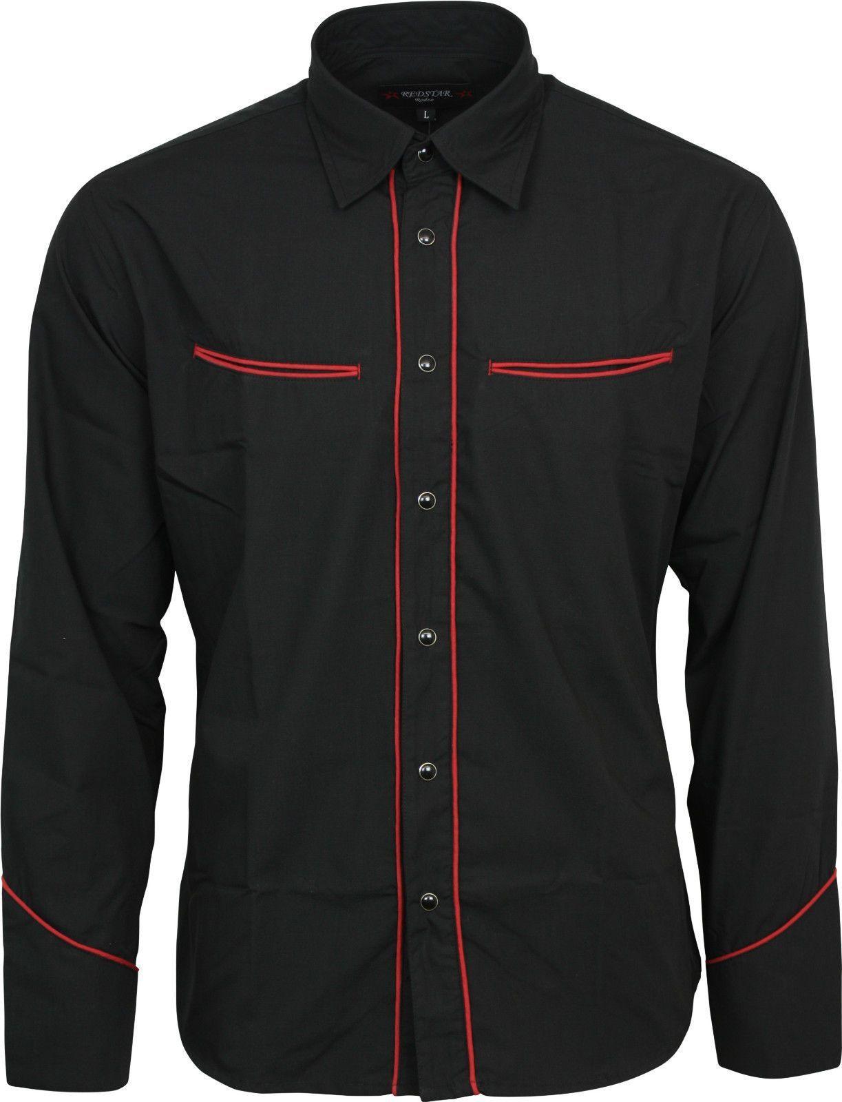 Red and Black Western Logo - Relco Plain Black Western Cowboy with Red Piping Long Sleeved Shirt