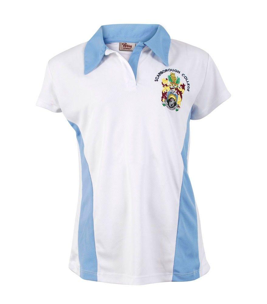 White and Blue U Logo - PLO-29-SBC - Scarborough College fitted pol - White/sky blue/logo ...