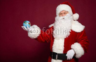 Red Hands-On Globe Logo - Santa Clause with earth globe on hand on red background, Christmas