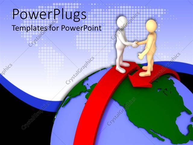Red Hands-On Globe Logo - PowerPoint Template: two people shaking their hands on top of the ...