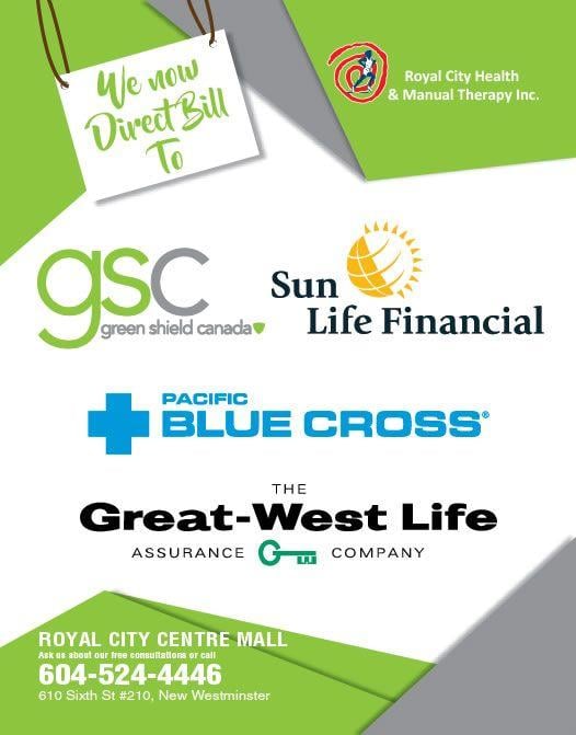 Green Shield with Company Logo - We Now Direct Bill to Green Shield Canada - Royal City Health
