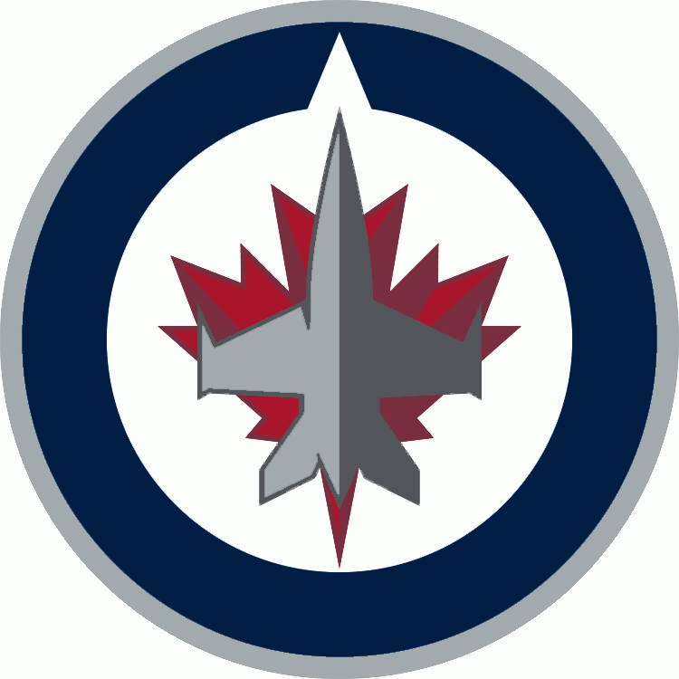 Red Maple Leaf Red Circle Logo - Winnipeg Jets Primary Logo (2012) grey jet flying north inside a