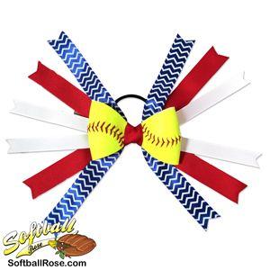 Red Blue and White Softball Logo - Softball Hair Bow - Red Blue and White Chevrons