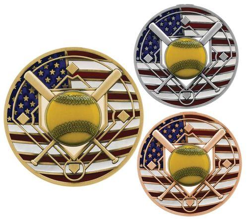 Red Blue and White Softball Logo - Softball Patriotic Engraved Medal, Silver and Bronze. Red