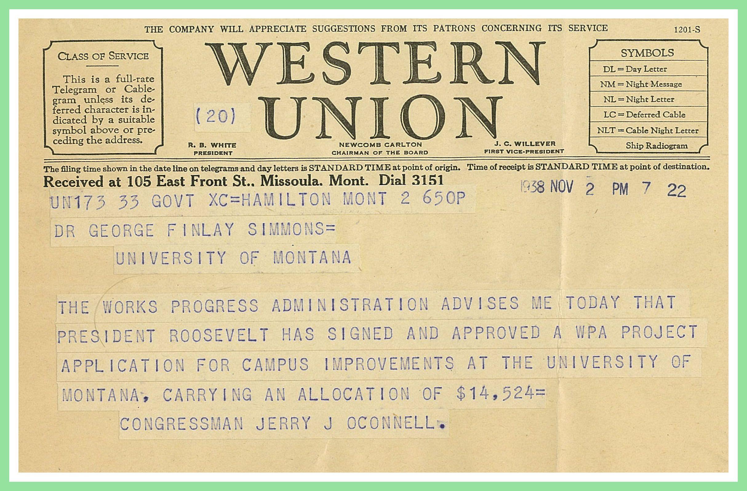 1900 Western Union Logo - Telegram; Jerry J. O'Connell to Dr. George Finlay Simmons · Archives ...