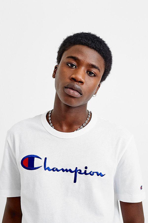 Blue Champion Logo - Champion Script Logo White T-Shirt