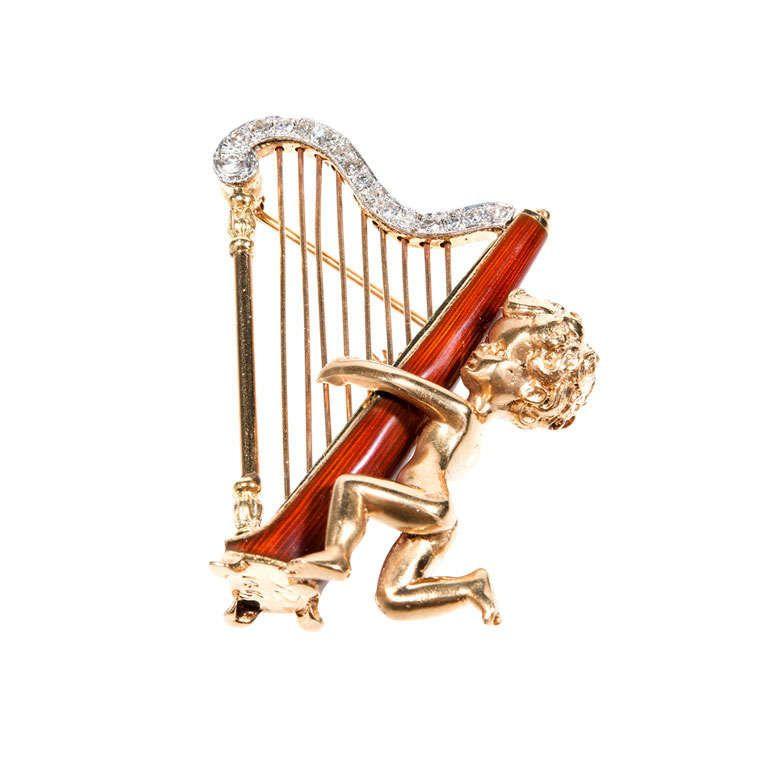 Angel Harp Logo - Ruser Angel Harp Diamond Enamel Pin c1950 For Sale at 1stdibs