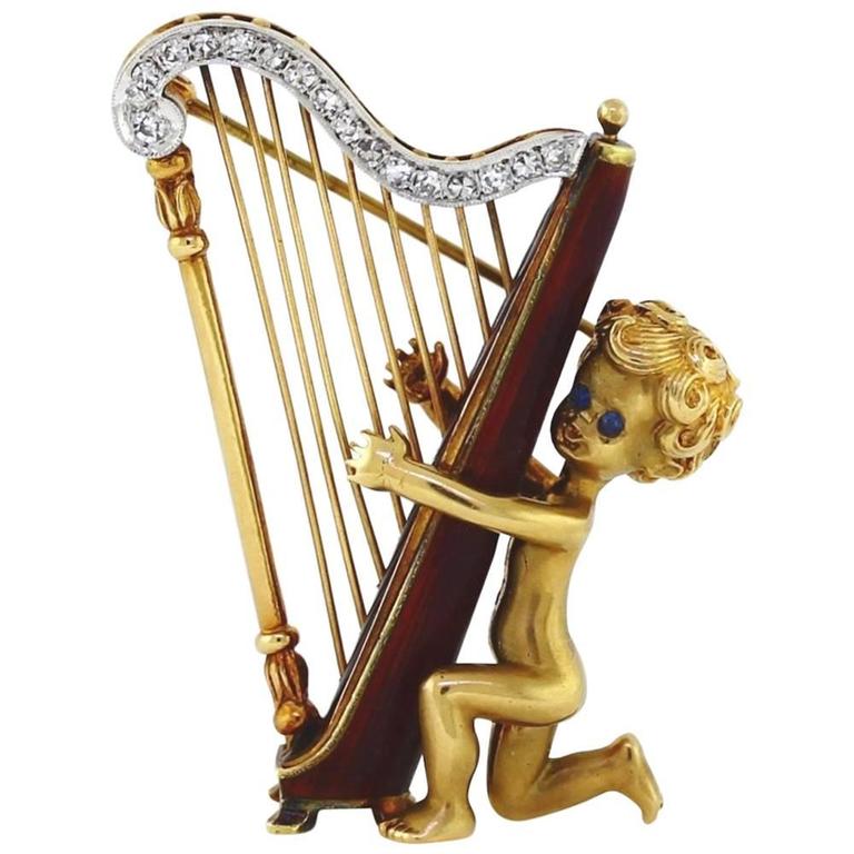 Angel Harp Logo - Ruser Diamond Gold Angel Harp Pin For Sale at 1stdibs