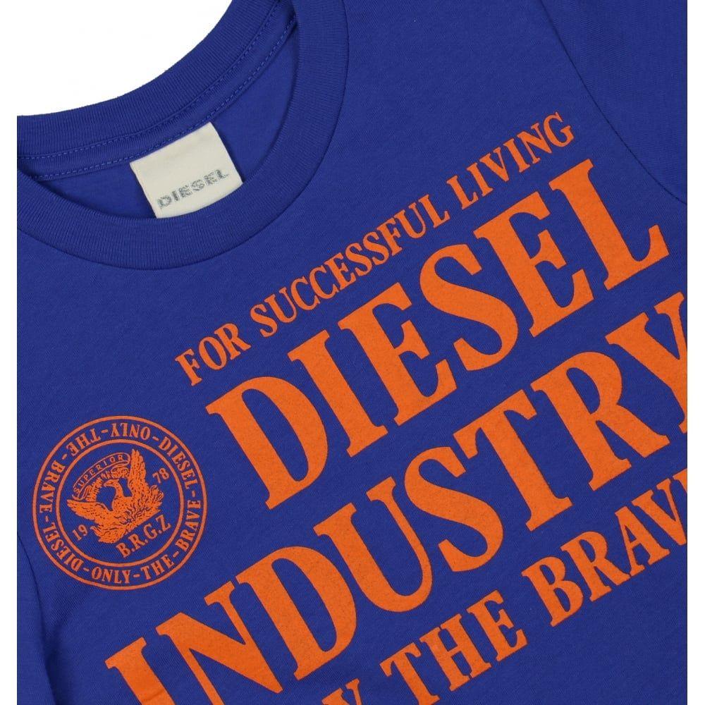 Blue and Orange G Logo - Diesel Boys Blue T Shirt With Orange Text Print And Logo